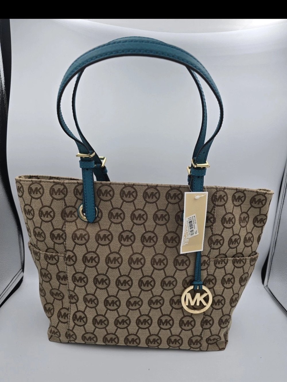 Michael Kors Brown Logo Tote with Teal Handles